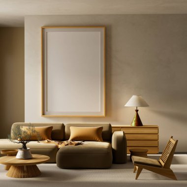 Parlak ve rahat İskandinav iç tasarım oturma odası minimalist mobilyalar, doğal ışık ve sıcak tonlarla modern bir İskandinav tarzı yaratıyor. 3B illüstrasyon