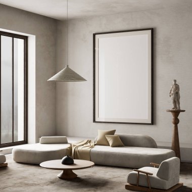  Yumuşak nötrleri, organik dokuları ve zamansız minimalist cazibe için heykelsel detayları birleştiren sakin bir iç mekan. 3B illüstrasyon