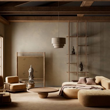 Japon tarzında rafine edilmiş bir oturma odası. Sıcak tonların, doğal dokuların ve zamansız uyum için minimum tasarımın karışımı. 3B illüstrasyon