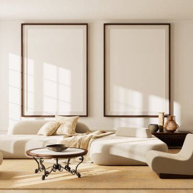 Parlak İskandinav oturma odası yumuşak bej kanepe, ahşap aksanlar, doğal ışık ve samimi atmosfer, zamansız bir iç mekan yaratıyor. 3B illüstrasyon