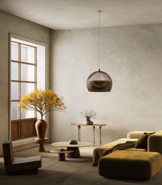 Japandi tarzında şık bir oturma odası. Toprak tonları, doğal dokuları ve sıcak, sakin bir ortam için asgari zarafeti var. 3B illüstrasyon