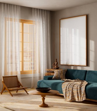 bright living room with teal sofa, wooden furniture, natural light and warm tones, perfect minimalist style. mock up poster frame in modern living room. 3D illustration