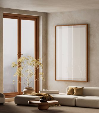 Parlak ve rahat İskandinav iç tasarım oturma odası minimalist mobilyalar, doğal ışık ve sıcak tonlarla modern bir İskandinav tarzı yaratıyor. 3B illüstrasyon