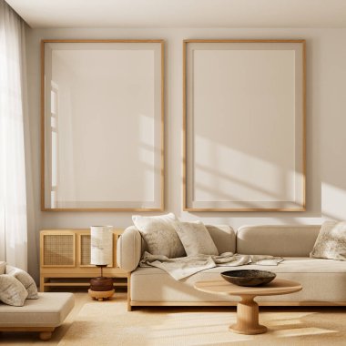 Parlak İskandinav oturma odası, poster çerçeveleri, bej kanepe, ahşap mobilya ve doğal ışık, rahat ve zamansız bir iç mekan yaratıyor. 3B illüstrasyon