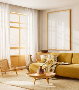 Bright living room interior with yellow sofa, wooden furniture, natural light and warm tones, perfect minimalist style. Mock up poster frame.in modern livinig room. 3D illustration