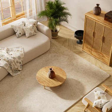 Bright living room with beige sofa, wooden furniture, neutral tones and natural light, perfect minimalist style. Modern living room. 3D illustration