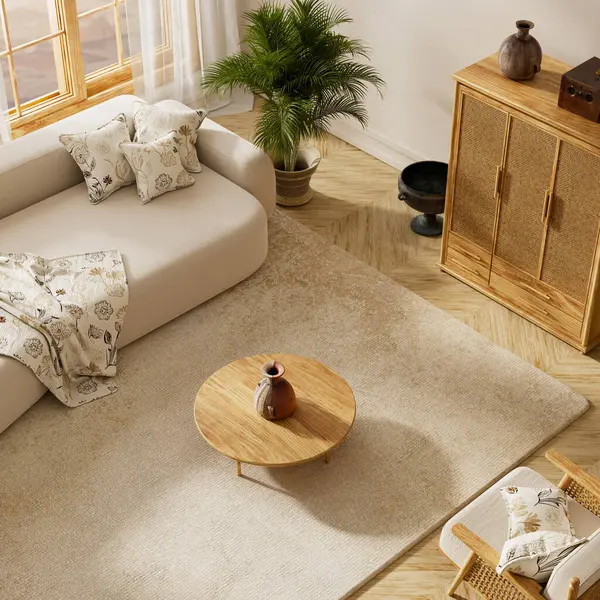 Bright living room with beige sofa, wooden furniture, neutral tones and natural light, perfect minimalist style. Modern living room. 3D illustration