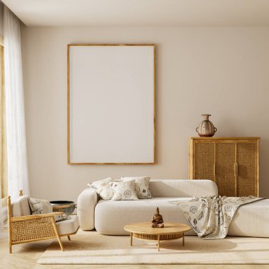 Bright living room with beige sofa, wooden furniture, neutral tones and natural light, perfect minimalist style. Mock up poster frame in modern living room. 3D illustration