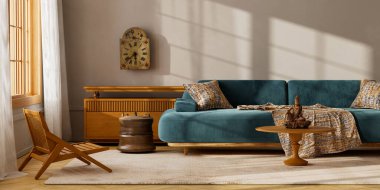 bright living room with teal sofa, wooden furniture, natural light and warm tones, perfect minimalist style. Modern living room. 3D illustration