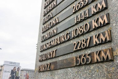 Varşova, Polonya. Obelisk Drogowskaz, Avrupa 'nın çeşitli şehirlerine uzaklıklarla