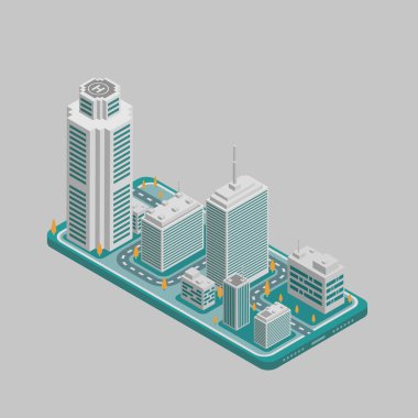 Isometric Turquouse Renkli Şehir Bir Cep Telefonunda Yüzey Gibi