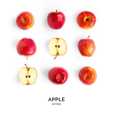 Kırmızı elmalarla kusursuz desen. Meyve soyut arka plan. Beyaz arkaplanda elma.