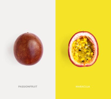 Creative layout made of passion fruit. Flat lay. Food concept. Passionfruit on white background.
