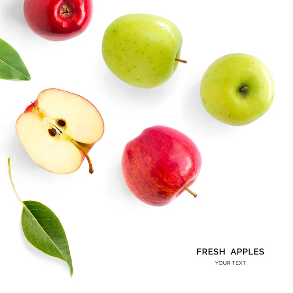 Δημιουργική Διάταξη Από Πράσινα Και Κόκκινα Μήλα Επίπεδη Έννοια Φαγητού — Φωτογραφία Αρχείου