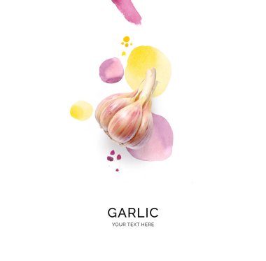 Beyaz arka planda suluboya lekeleri olan sarımsaktan yapılmış yaratıcı bir düzen. Düz yatıyordu. Yiyecek konsepti.