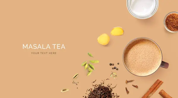 猜睫毛膏的创意布局 顶部视图 印度人的饮料 红茶加牛奶和其他种类 — 图库照片