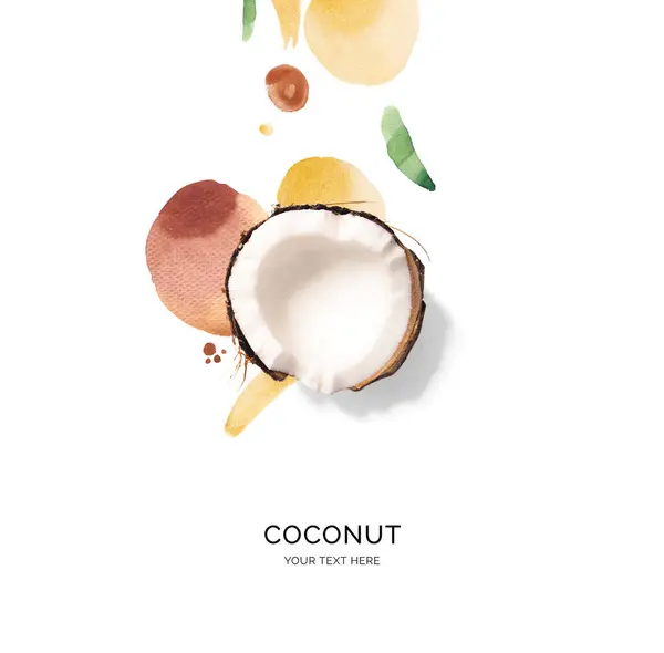 Kreativní Dispozice Kokosu Akvarelovými Skvrnami Bílém Pozadí Ležel Koncept Potravin — Stock fotografie