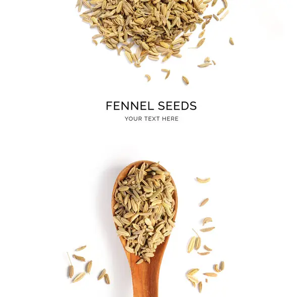 Stock image Creative layout made of fennel seeds and wood spoon on a white background. Top view.  