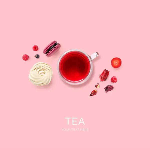 stock image Creative layout made of hibiscus tea, fruits and marshmallow on the pink background. Flat lay. Food concept.