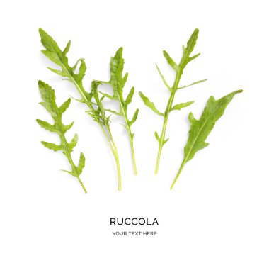 Beyaz arka planda roka salatasından yapılmış yaratıcı bir düzen. Düz yatıyordu. Yiyecek konsepti.