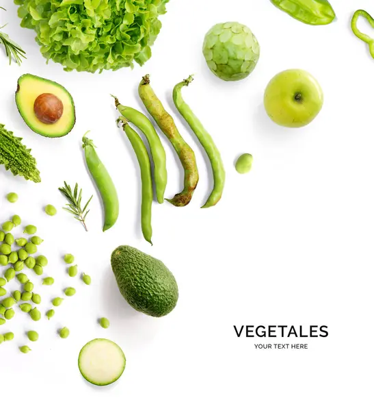 Kreativ Layout Gjord Gröna Grönsaker Och Frukter Platt Låg Matkoncept — Stockfoto