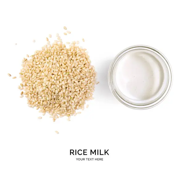 Креативный Макет Рисового Молока Белом Фоне Плоский Лежал Концепция Питания Лицензионные Стоковые Изображения