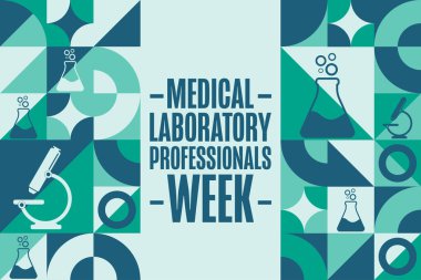 Tıp Laboratuvarı Profesyonelleri Haftası. Tatil konsepti. Arkaplan, afiş, kart, yazılı poster şablonu. Vektör EPS10 illüstrasyonu