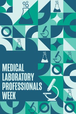 Tıp Laboratuvarı Profesyonelleri Haftası. Tatil konsepti. Arkaplan, afiş, kart, yazılı poster şablonu. Vektör EPS10 illüstrasyonu