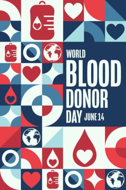 Dünya Kan Bağışı Günü. 14 Haziran. Tatil konsepti. Arkaplan, afiş, kart, yazılı poster şablonu. Vektör EPS10 illüstrasyonu