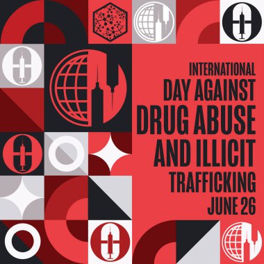 Uyuşturucu ve Kaçakçılığına Karşı Uluslararası Gün. 26 Haziran. Tatil konsepti. Arkaplan, afiş, kart, yazılı poster şablonu. Vektör EPS10 illüstrasyonu