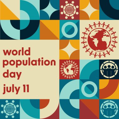 Dünya Nüfus Günü. 11 Temmuz. Tatil konsepti. Arkaplan, afiş, kart, yazılı poster şablonu. Vektör EPS10 illüstrasyonu