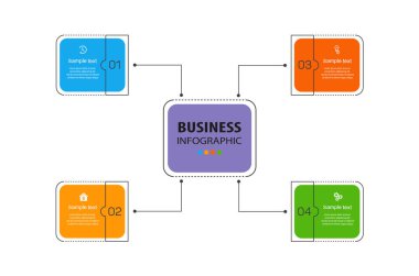 4 seçenekli bilgi şablonu, iş akışı, işlem şeması. İş akışı düzeni, diyagram, yıllık rapor, web tasarımı, adımlar veya süreçler için kullanılabilir