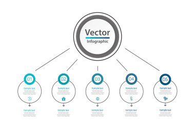 5 seçenek ya da adımlı vektör bilgi şablonu. İş akışı düzeni, diyagram, yıllık rapor, web tasarımı için kullanılabilir