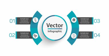 4 seçenekli bilgi şablonu, iş akışı, işlem şeması. İş akışı düzeni, diyagram, yıllık rapor, web tasarımı, adımlar veya süreçler için kullanılabilir