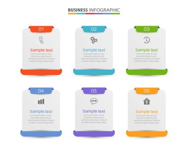 Simgeli ve 6 basamaklı vektör bilgi tasarımı şablonu. İşlem şeması, sunumlar, iş akışı düzeni, akış şeması, bilgi grafiği için kullanılabilir