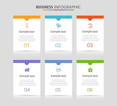 Simgeli ve 6 basamaklı vektör bilgi tasarımı şablonu. İşlem şeması, sunumlar, iş akışı düzeni, akış şeması, bilgi grafiği için kullanılabilir