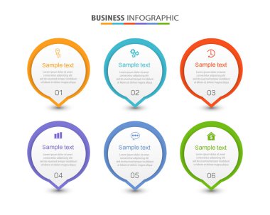 Simgeli ve 6 basamaklı vektör bilgi tasarımı şablonu. İşlem şeması, sunumlar, iş akışı düzeni, akış şeması, bilgi grafiği için kullanılabilir