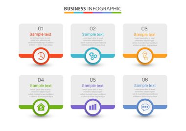 Simgeli ve 6 basamaklı vektör bilgi tasarımı şablonu. İşlem şeması, sunumlar, iş akışı düzeni, akış şeması, bilgi grafiği için kullanılabilir