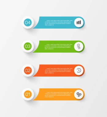 4 seçenekli bilgi şablonu, iş akışı, işlem şeması. İş akışı düzeni, diyagram, yıllık rapor, web tasarımı, adımlar veya süreçler için kullanılabilir