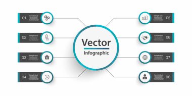 8 seçenek, adım ya da süreç içeren bilgi tasarım şablonu. İş akışı düzeni, diyagram, yıllık rapor, web tasarımı için kullanılabilir