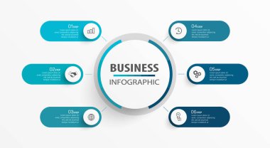 Simgeli ve 6 basamaklı vektör bilgi tasarımı şablonu. İşlem şeması, sunumlar, iş akışı düzeni, akış şeması, bilgi grafiği için kullanılabilir