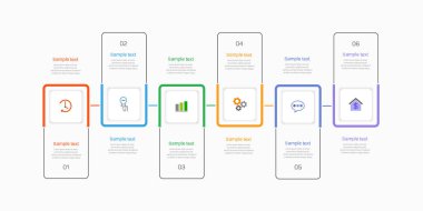 Simgeli ve 6 basamaklı iş vektörü bilgi tasarımı şablonu. İşlem şeması, sunumlar, iş akışı düzeni, afiş, akış şeması, bilgi grafiği için kullanılabilir
