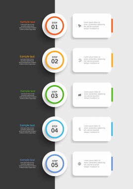 Ticari bilgi grafikleri dizayn şablonu 5 seçenek ve sayı, adım veya süreç içeriyor. Veri görselleştirme. Vektör illüstrasyonu