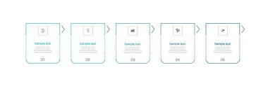 Ticari bilgi grafikleri dizayn şablonu 5 seçenek ve sayı, adım veya süreç içeriyor. Veri görselleştirme. Vektör illüstrasyonu