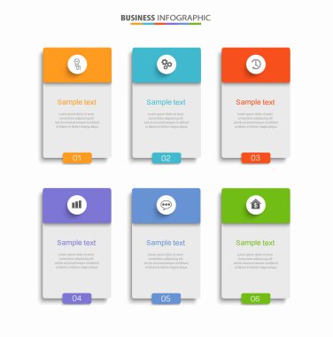 Simgeli ve 6 basamaklı iş vektörü bilgi tasarımı şablonu. İşlem şeması, sunumlar, iş akışı düzeni, afiş, akış şeması, bilgi grafiği için kullanılabilir