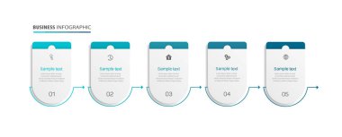 Ticari bilgi grafikleri dizayn şablonu 5 seçenek ve sayı, adım veya süreç içeriyor. Veri görselleştirme. Vektör illüstrasyonu