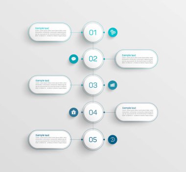 Ticari bilgi grafikleri dizayn şablonu 5 seçenek ve sayı, adım veya süreç içeriyor. Veri görselleştirme. Vektör illüstrasyonu