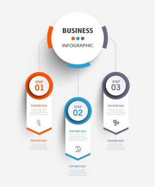 Simgeli vektör bilgi tasarım şablonu ve 3 seçenek veya adım. İşlem şeması, sunumlar, iş akışı düzeni, afiş, akış şeması, bilgi grafiği için kullanılabilir