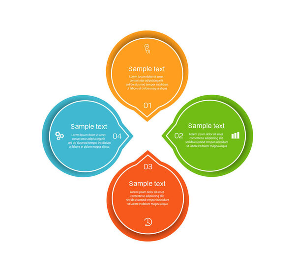 Шаблон бизнес-инфографического дизайна с 4 вариантами, шагами или процессами. Может использоваться для верстки рабочих процессов, составления годового отчета, веб-дизайна
