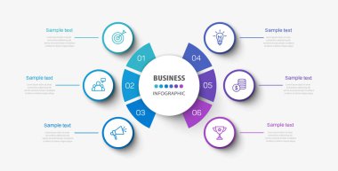 Simgeli ve 6 basamaklı iş vektörü bilgi tasarımı şablonu. İşlem şeması, sunumlar, iş akışı düzeni, afiş, akış şeması, bilgi grafiği için kullanılabilir